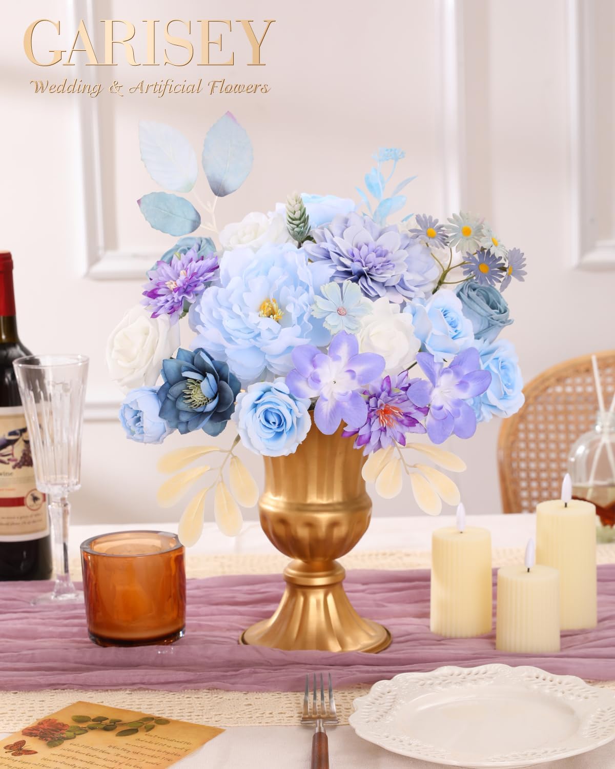 Artificial Flowers Combo, Mix Silk Flowers Roses, Peonies, Dahlias with Stems for DIY Wedding Bridal Bouquets, Baby Shower, Table Centerpieces, Home Decor, Fake Floral Arrangements-Blue&purple