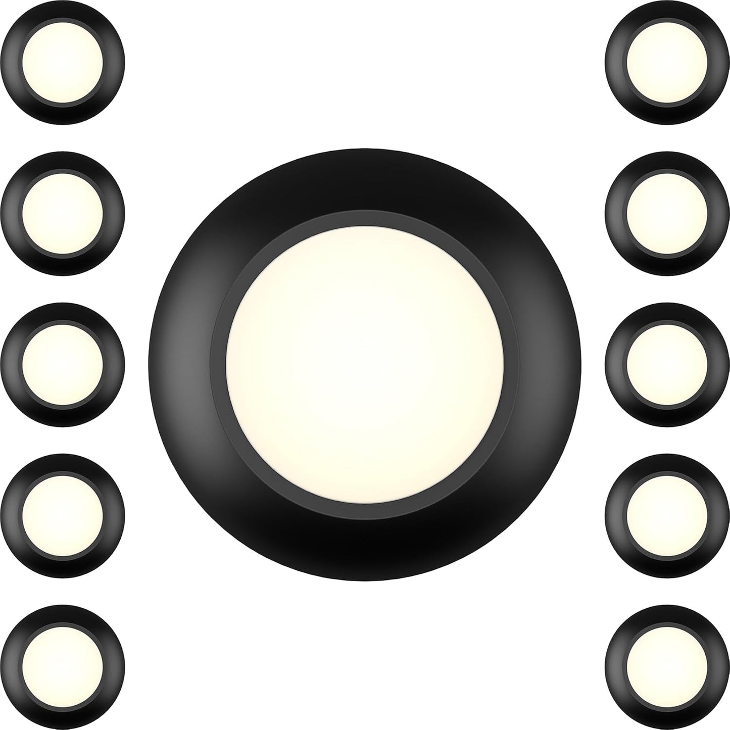 10 Packs 4 Inch Black LED Low Profile Recessed & Surface Mount Disk Light, Round, 10W, 600 Lumens, 3000K Warm White, CRI80, DOB Design, Dimmable, ETL Listed