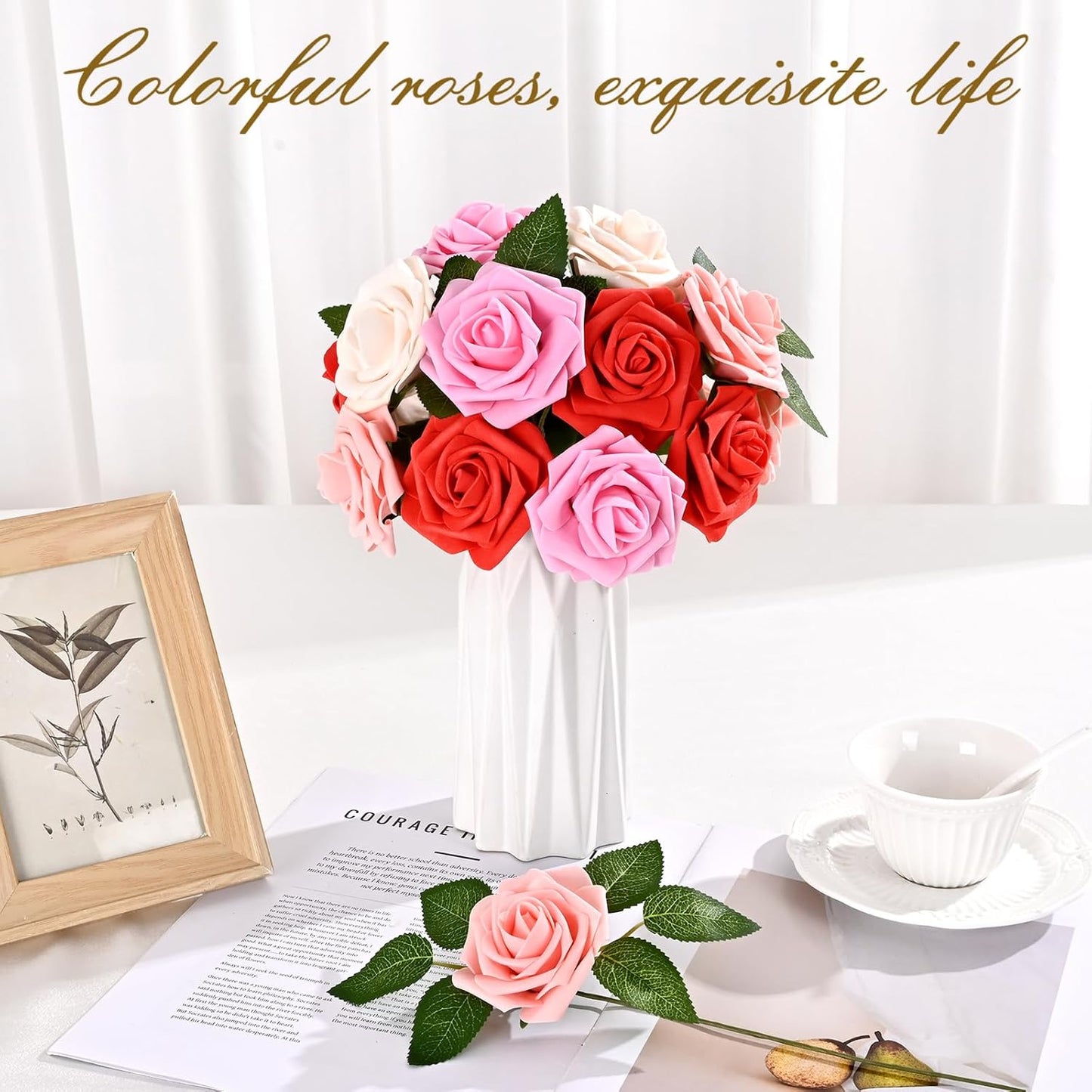 BLEUM CADE 36Pcs Artificial Flowers Fake Roses with Stems, Gradient Red & Pink Boxed Foam Roses for DIY Bouquets Centerpieces Wedding Party Arrangement Bridal Shower Decor