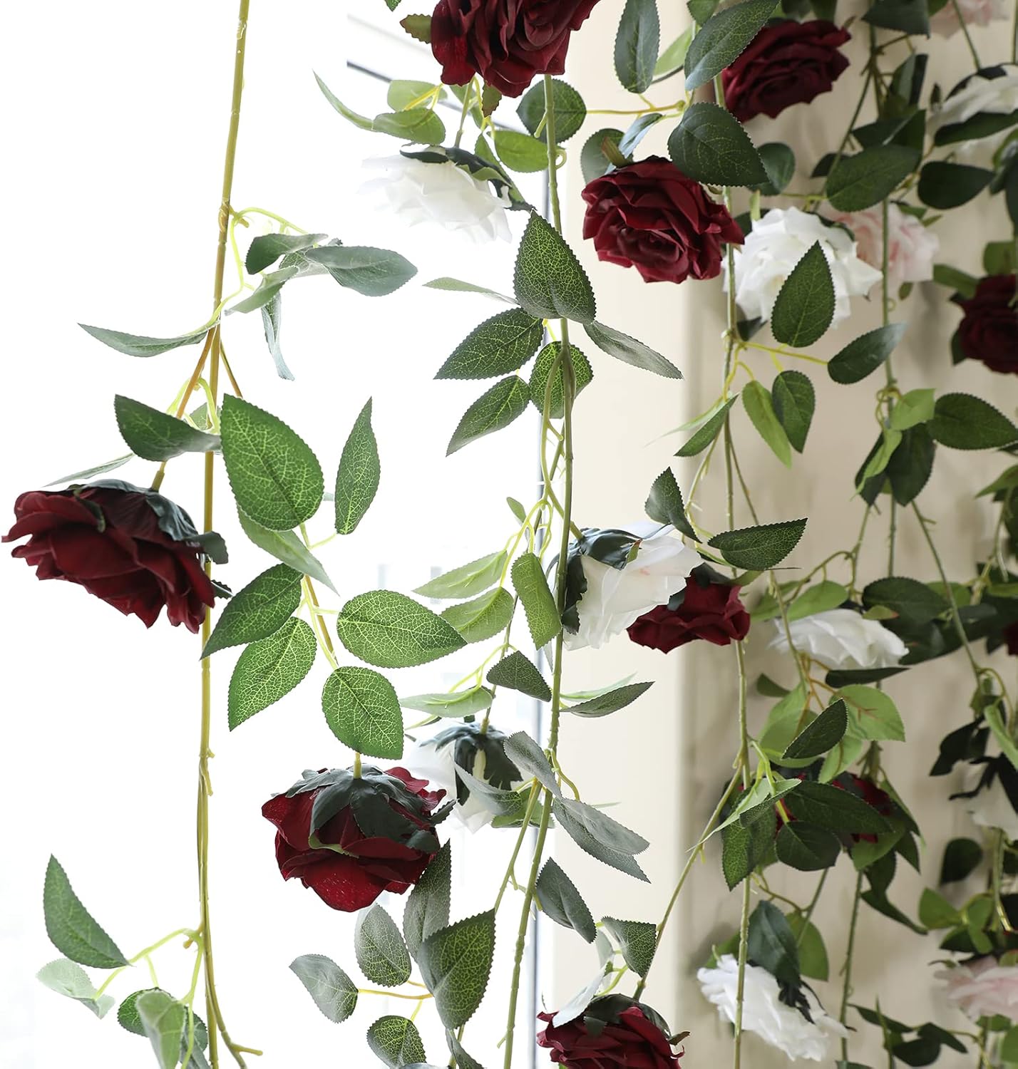 2 Strands 73'' Artificial Silk Rose Flower Vines Garland, Fake Roses Floral Green Leaves Hanging Plant for Wedding Arrangement Decoration, Wall, Party, Bedroom, Home Decor (Burgundy)