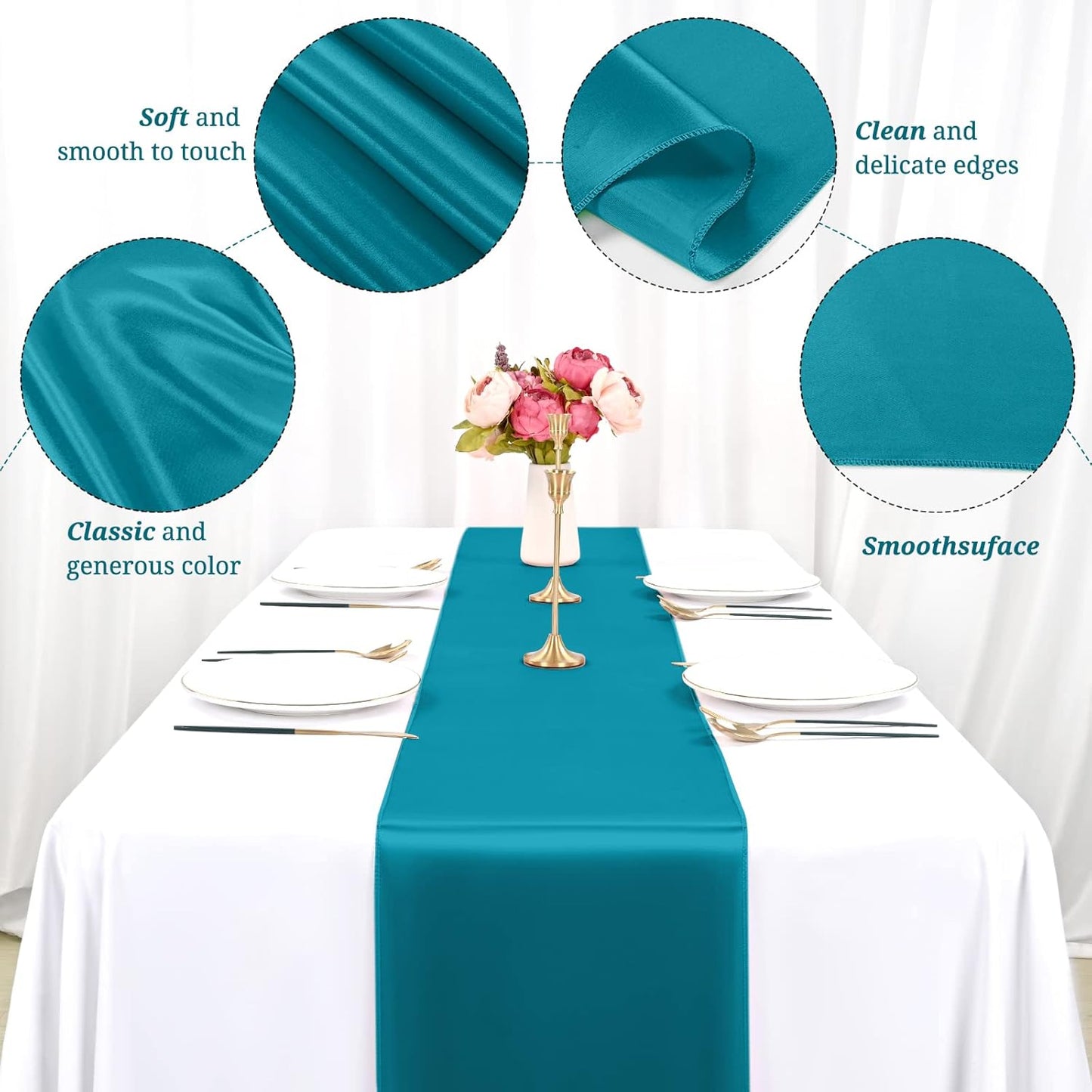 12 Pack Turquoise Satin Table Runner,12 x 108 inch Long Premium Smooth Table Runner for Wedding, Banquets, Birthday, Party,Graduation,Engagements,Table Runners fit Rectangle and Round Table