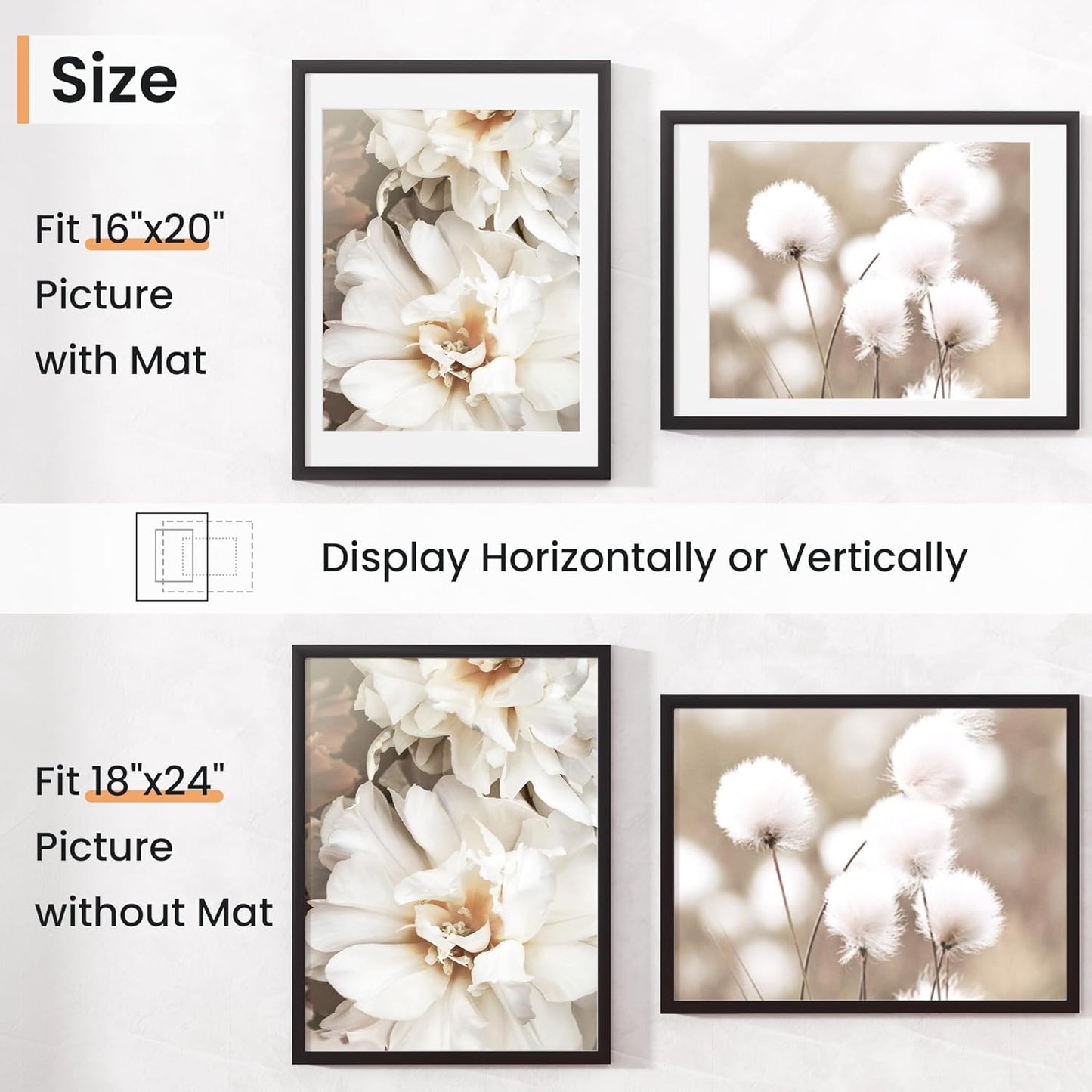 18x24 inch Picture Frame, 18x24 Photo Frames with 16x20 Removable Mat - High Definition Plexiglass - Vertical and Horizontal Display - Wall Hanging Poster Frame - Black, 5 Pack