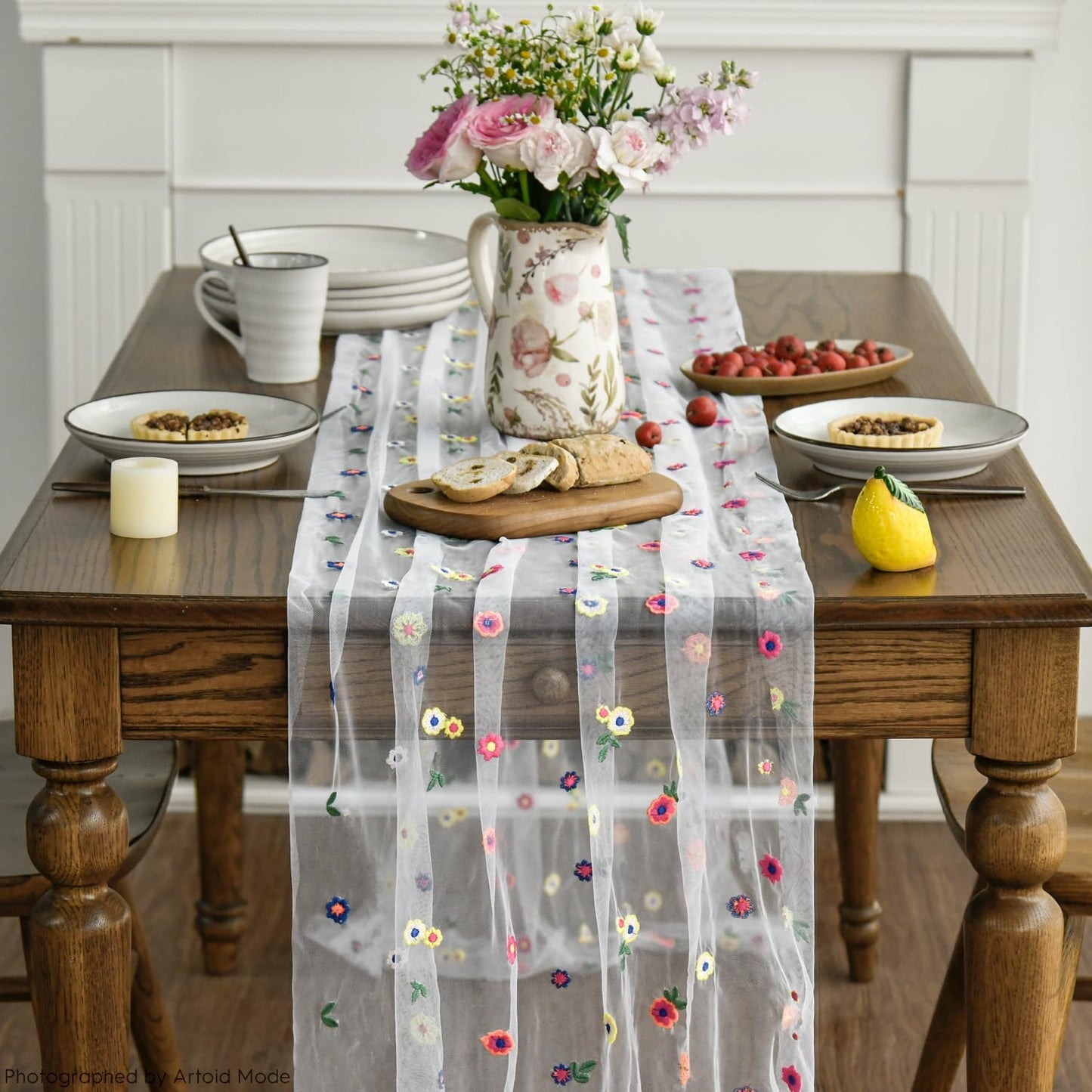 Artoid Mode Embroidery Daisy Gauze Table Runner 120 Inch 10FT, Seasonal Sheer Kitchen Dining Holiday Wedding Birthday Table Decor for Home Party