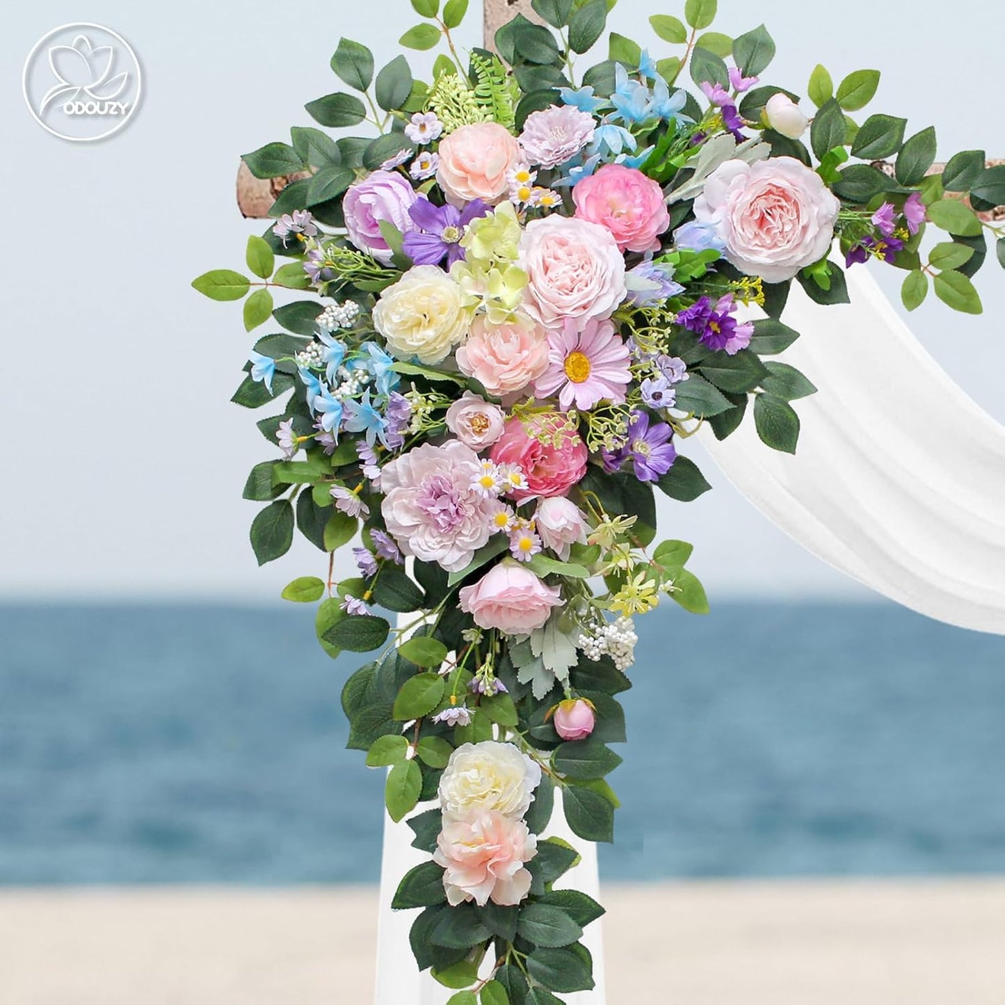 Wedding Arch Flowers Kit,Artificial Flower Arch Decor (Set of 3),2pcs Artificial Flower Arrangement with 1pc Sheer Drape for Wedding Decor Reception Backdrop Floral Decorations (Bluish Pink)