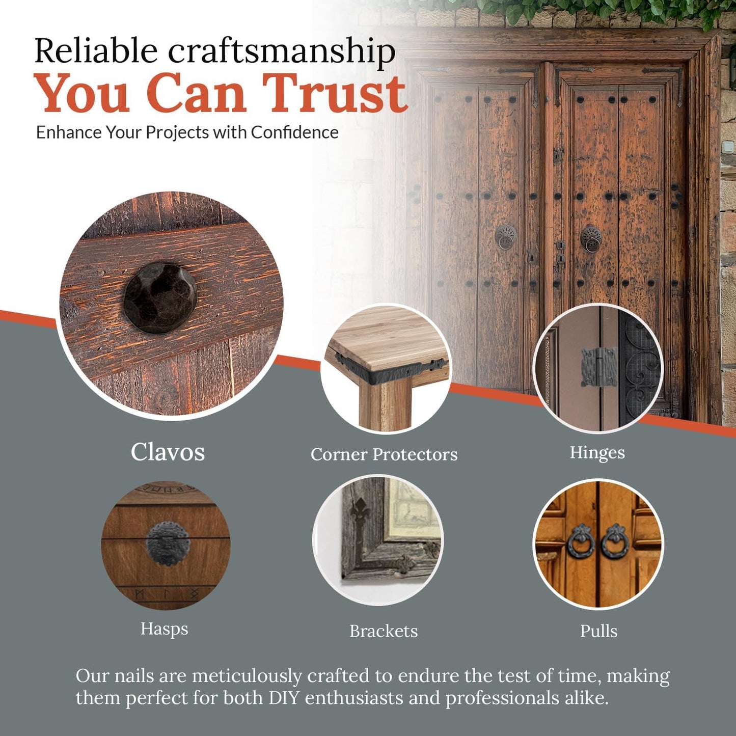 10 Pack 2" Round Head Iron Clavos Decorative Nails – Sealed Unfinished – Handmade Rustic Round Fasteners for Farmhouse Shutters, Faux Wood, Barn Doors, Shutters, Gates – Ornamental Wood Accent