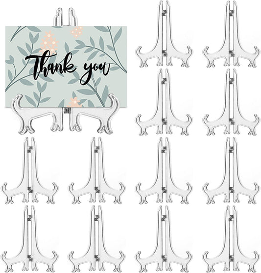 12 Pack 4 Inch Clear Plastic Easels or Stand/Plate Holders to Display Pictures or Other Items at Weddings, Plate Stands for Home Decoration, Birthdays, Tables
