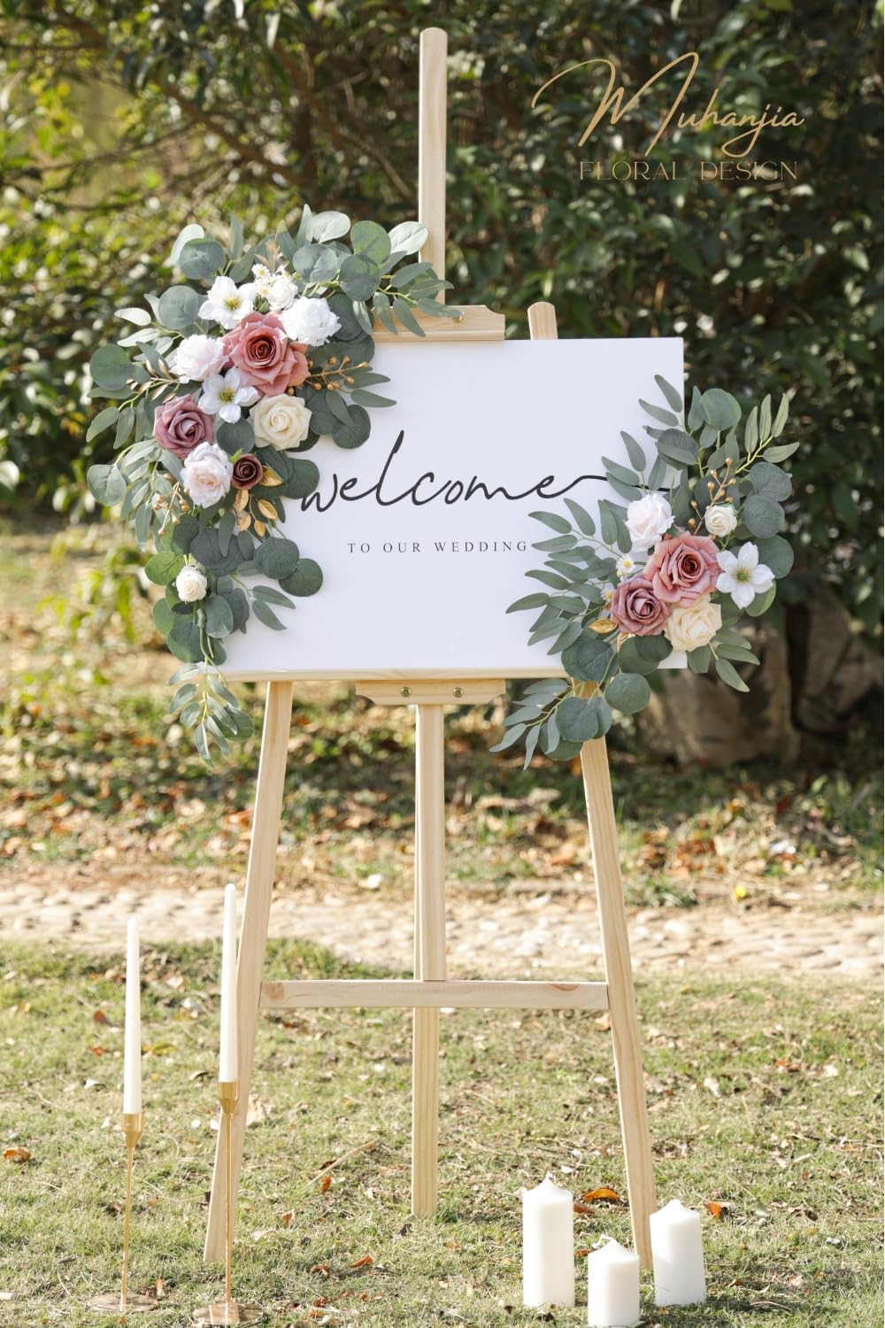 Wedding Sign Faux Flower Swag (Pack of 2) for Ceremony Party Reception Entrance Floral Decor Wall Easel Stand for Wedding Poster Welcome Sign (Champagne&Dusty Rose)