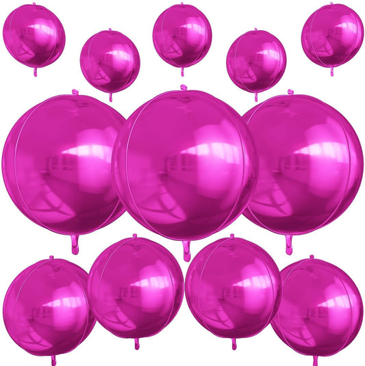 12Pcs Hot Pink Round Foil Balloons, 22" 15" 10" 4D Helium Ball Balloon, Metallic Pink Foil Balloon for Birthday Graduation Wedding Anniversary New Year Eve Disco Prom Party Decorations