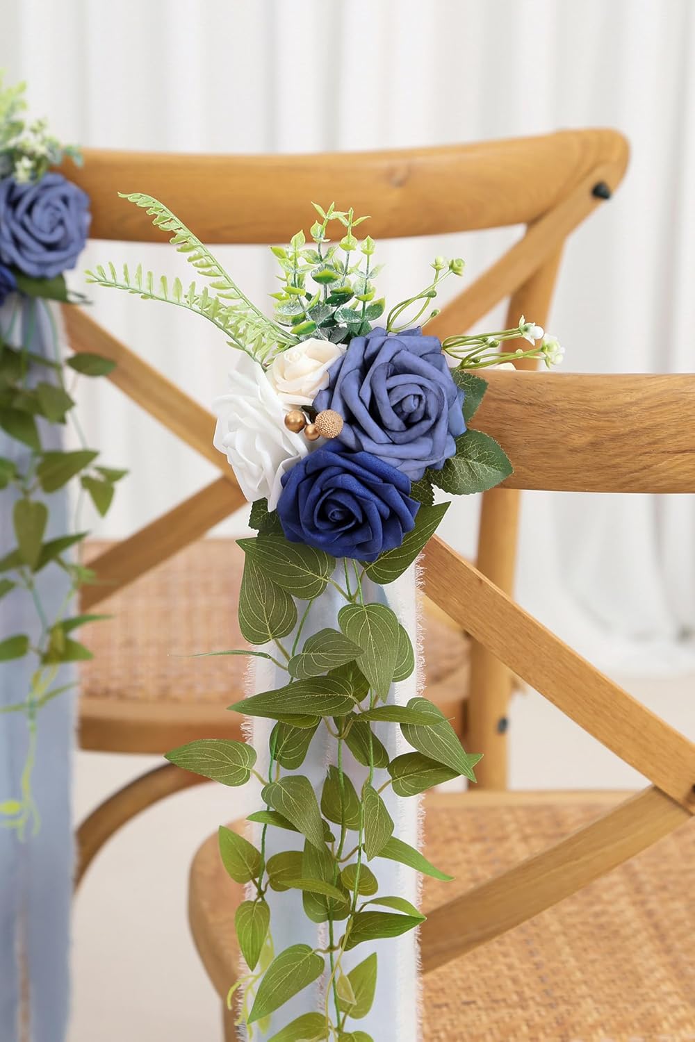 DORIS HOME Wedding Chair Decorations Blue Pew Flowers Set of 10 for Wedding Ceremony Party Aisle Decor with Artificial Flowers Eucalyptus and Ribbons