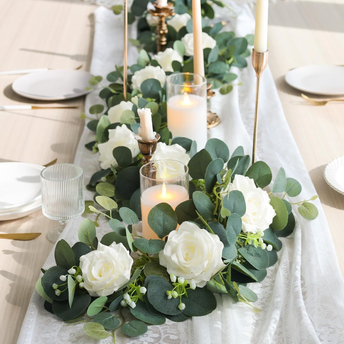 MACTING 6.6FT Fake Flower Garland with White Roses Artificial Gypsophila Eucalyptus Garland Floral Greenery Vine for Wedding Arch Table Centerpieces Backdrop Party Home Summer Decorations