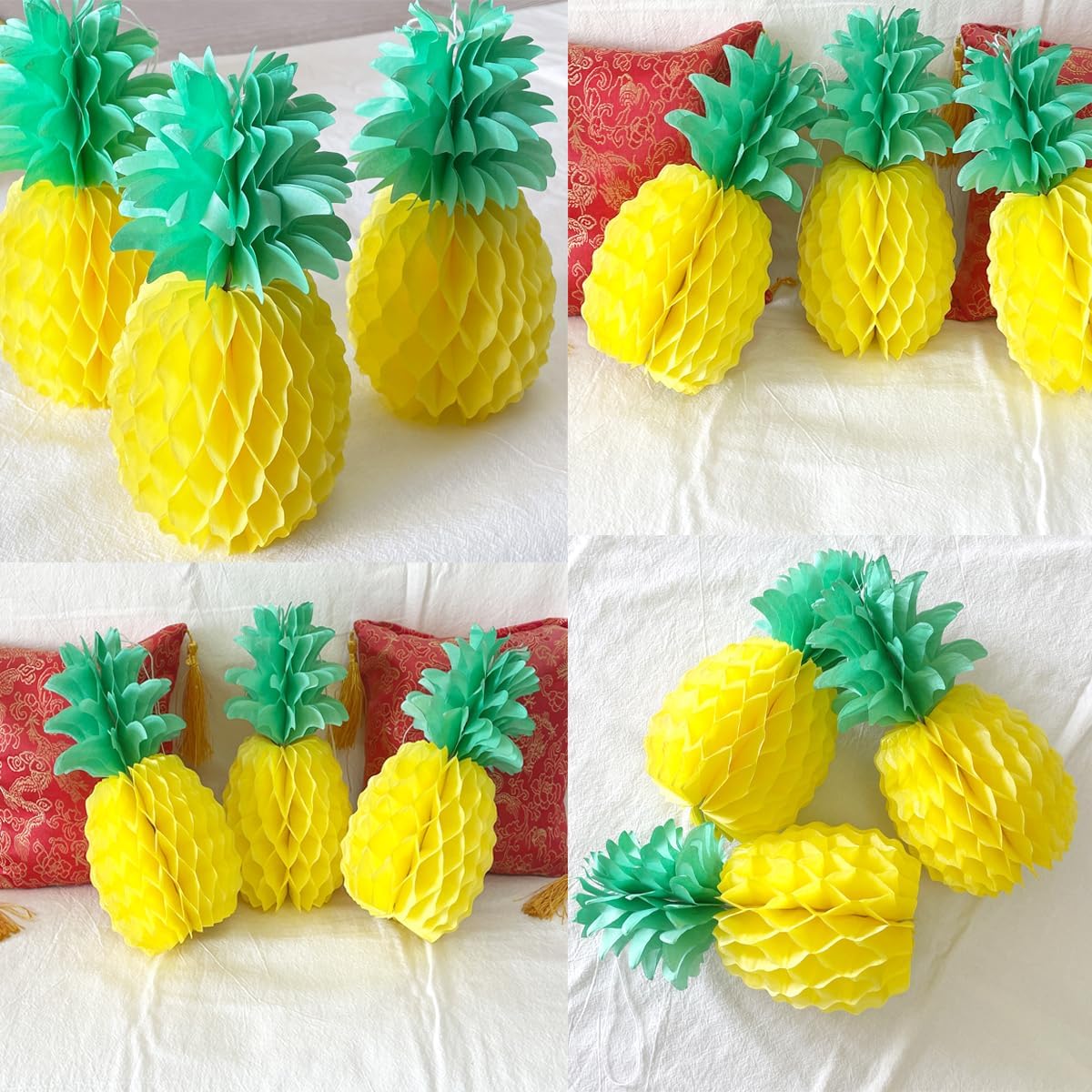 14inch Paper Pineapple Honeycomb Decorations 8pcs Tissue Party Pineapple Centerpieces Hanging Pineapple for Table Decor for Summer Tropical Hawaiian Beach Decor
