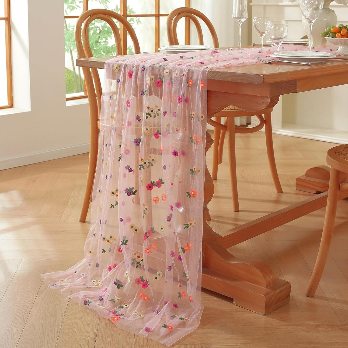 Pink Flower Tulle Table Runner 29x120 Inch Embroidery Florals Soft Sheer Tulle Fabric for Wildflower Party and Baby in Bloom Baby Shower Decorations