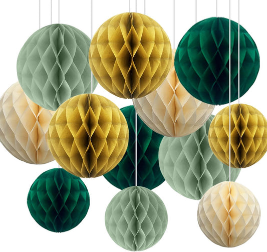 12pcs Sage Green and Gold Paper Honeycomb Balls,6" & 10" Hanging Tissue Pom poms for Birthday Party Decoration