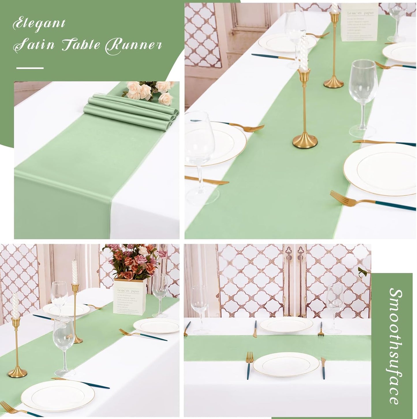 12 Pack Sage Green Satin Table Runner,12 x 108 inch Long Premium Smooth Table Runner for Wedding, Banquets, Birthday, Party, Graduation, Engagements, Table Runners fit Rectangle and Round Table