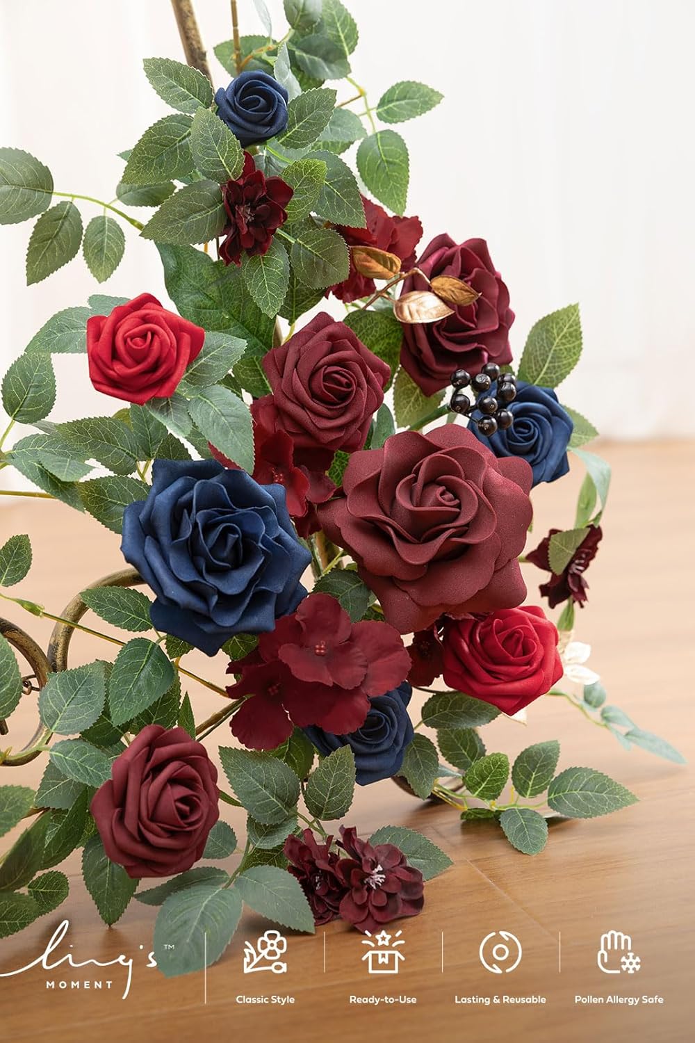 Ling's moment 2pcs Wedding Flowers Garland Artificial Floral Swag Arch Decorations Greenery Arrangements Burgundy & Navy Blue Ceremony Reception Garden Easel Wall Entryway Outdoor NOT Include Sign