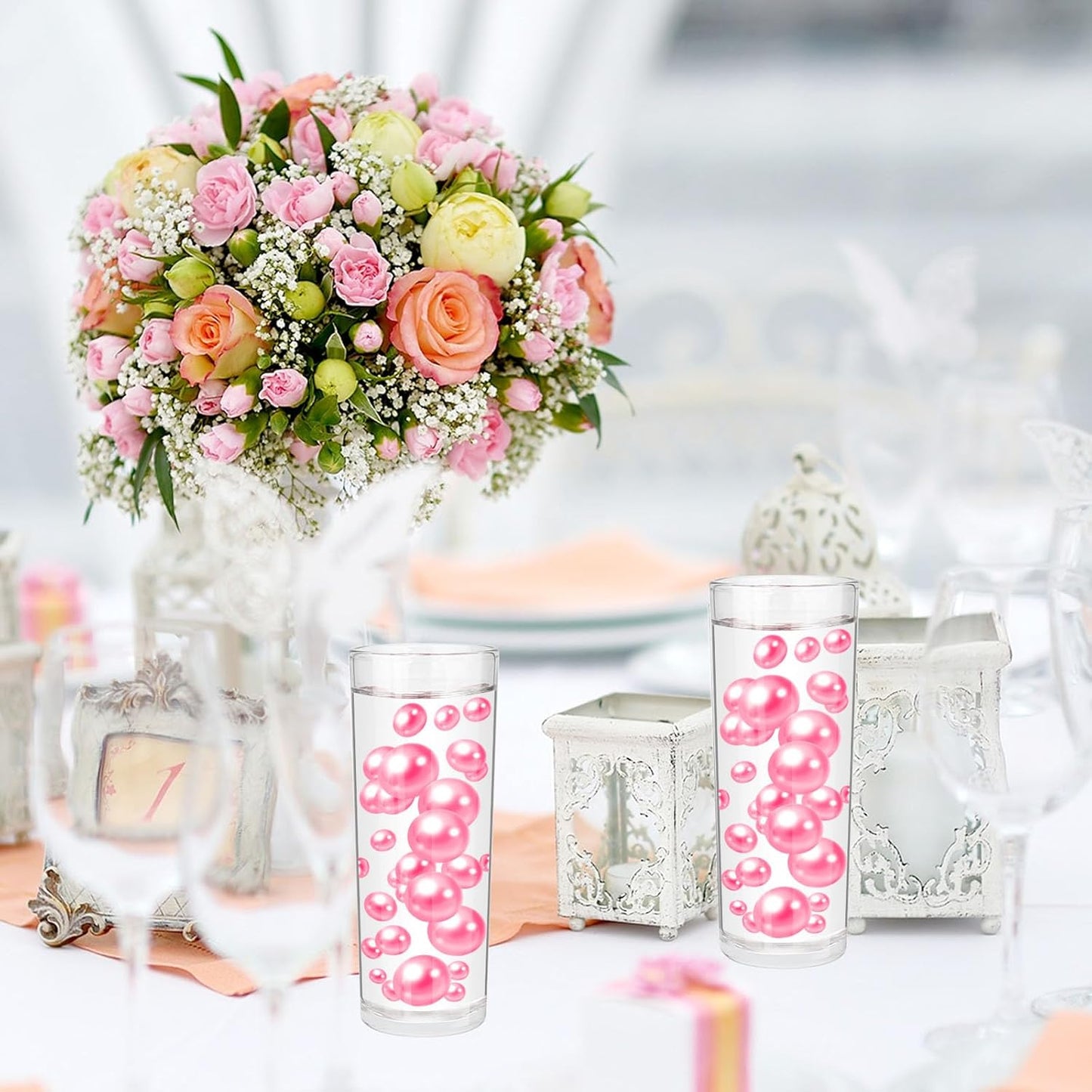 100PCS Fuchsia Faux Pearls Beads for Centerpiece Vases, Vase Filler Faux Pearls, No Holes Filler Beads for Party Anniversary Birthday Wedding Table Decor, 14/20/30mm