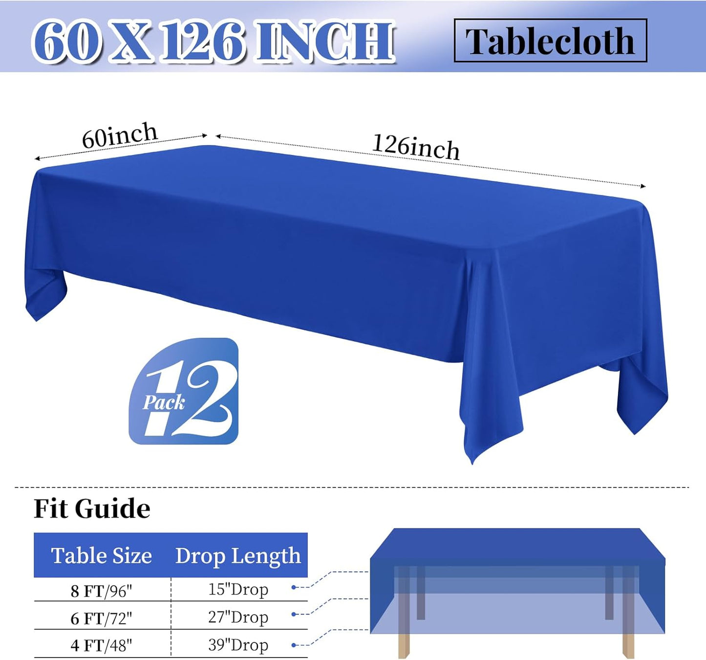 12 Pack Polyester Tablecloth 60 x 126 Inch Royal Blue Tablecloth for 8 Ft Rectangle Tables,Washable Fabric Table Covers Polyester Table Clothes for Wedding Parties Banque