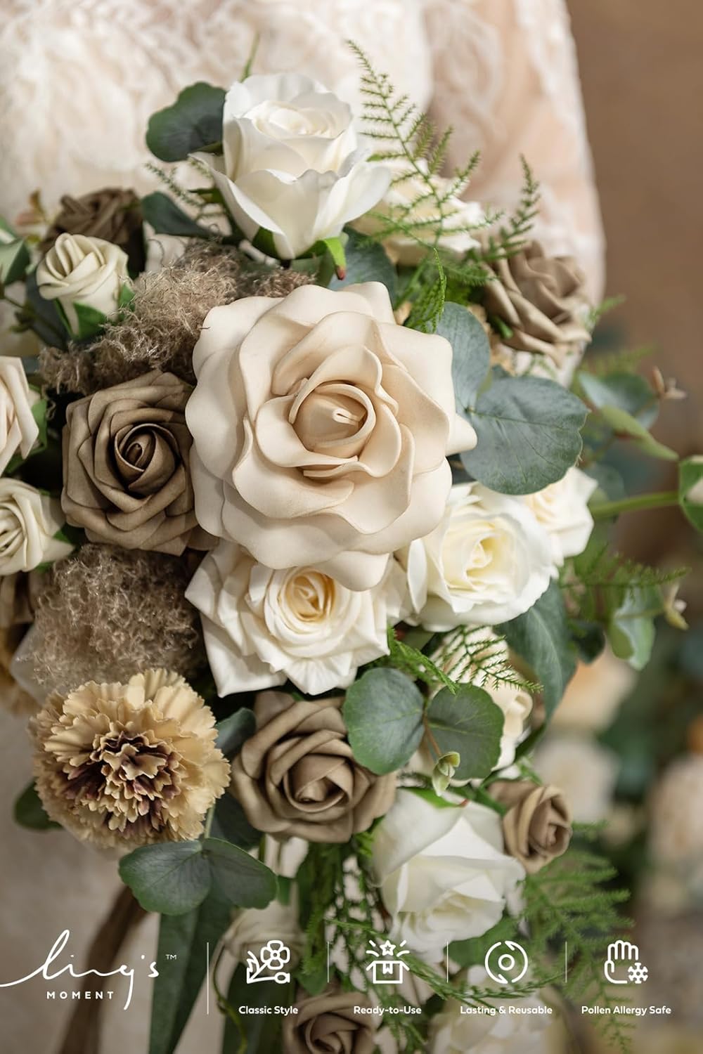 Ling's moment Intimate Brown Bridal Bouquet Cascading, Beige Wedding Bouquets for Bride, 13 Inch Bride Bouquets for Wedding Artificial Flowers Bouquets