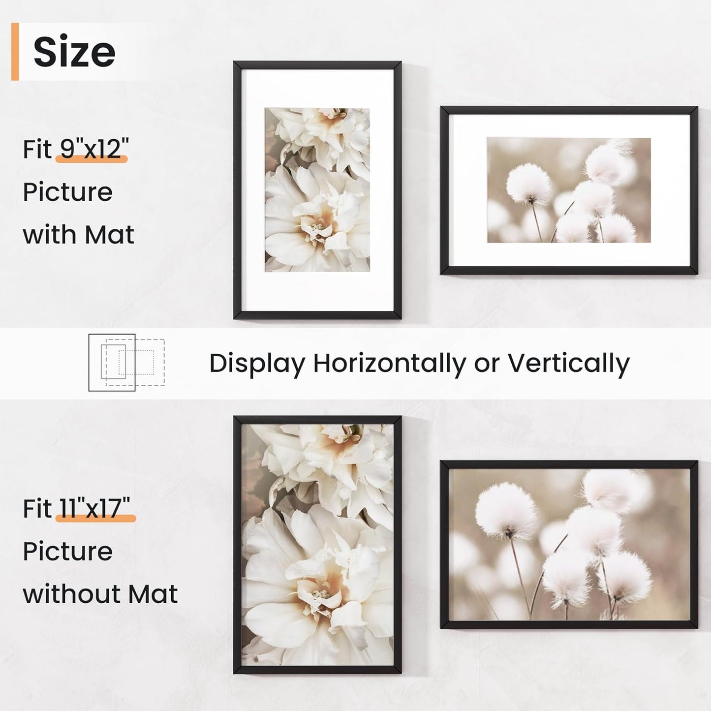 11x17 inch Picture Frame,11x17 Photo Frames with Removable Mat - High Definition Plexiglass - Vertical and Horizontal Display - Wall Hanging Frame - Black, 3 Pack