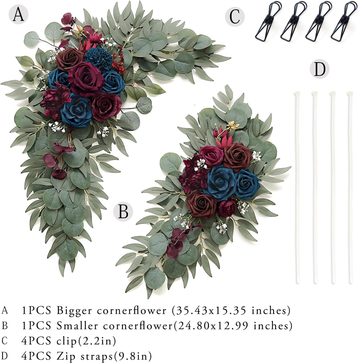 Navy and Burgundy Flower for Wedding Welcome Signs Decorations, Artificial Burgundy Wedding Arch Flowers for Wedding Ceremony (Set of 2)