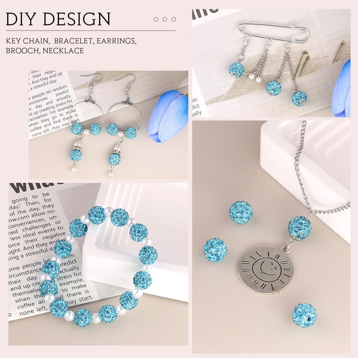 150 pcs 10mm Rhinestone Beads for Jewelry Making, Aquamarine Shiny Round Shamballa Disco Beads Bulk, Sparkle Crystal Clay Christmas for Bracelet Baseball Necklace Earring Crafting and DIY