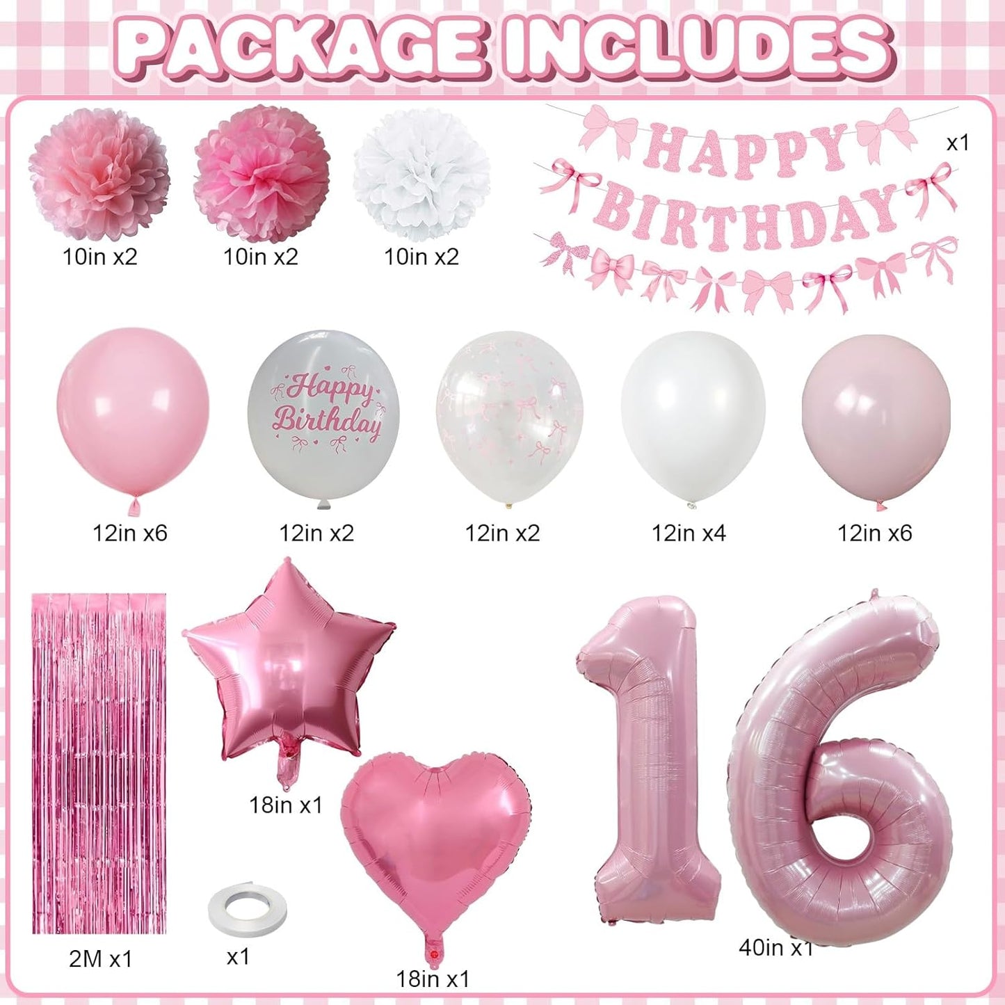16th Birthday Decorations for Girls Pink Number 16 Balloon Bow Coquette Happy Birthday Banner Fringe Curtain Paper Pom Poms Star Heart Foil Pink White Balloons 16 Year Old Party Decor for Her