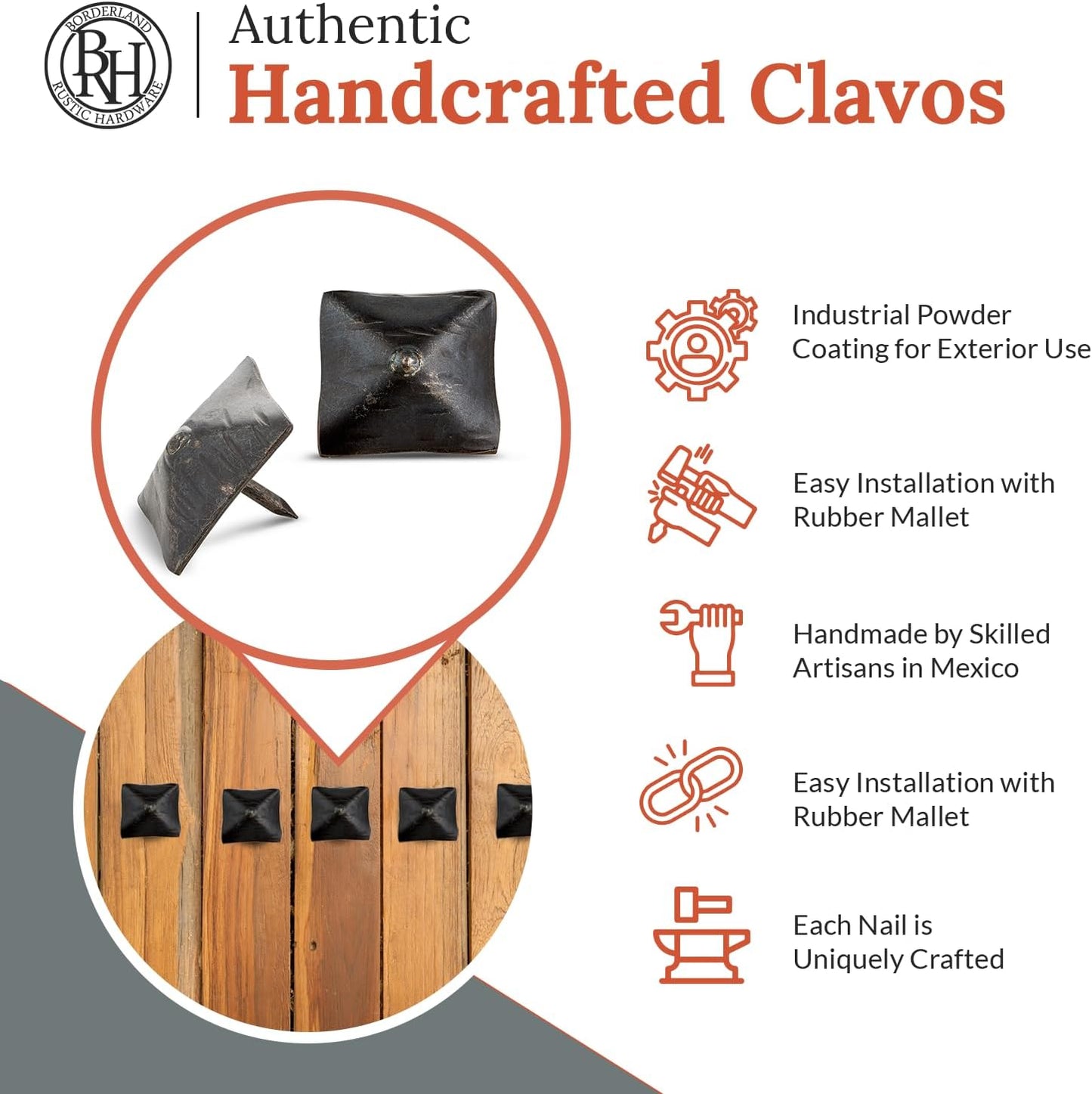 100 Pack 1.25" Square Head Iron Clavos Decorative Nails – Sealed Unfinished – Handmade Rustic Square Fasteners for Farmhouse Shutters, Faux Wood, Barn Doors, and Gates – Ornamental Wood Accent