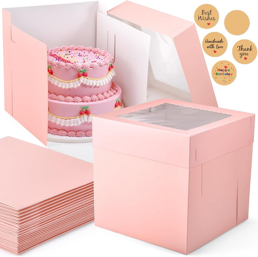 12Pcs Cake Boxes, 12x12x12 Inches Tall Cake Boxes with Window, Pink Square Disposable Cake Carrier Container for Multi-Layer Cakes Birthday Party Wedding Bakery Boxes