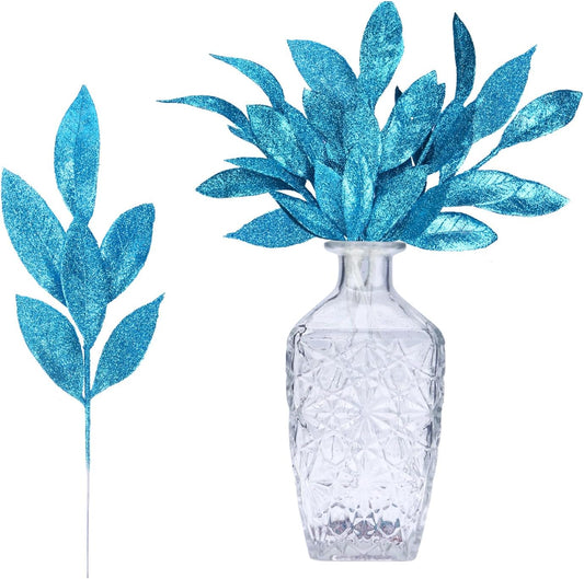 GREENTIME 12 Pack Artificial Blue Glitter Leaves 13" Fake Christmas Picks Decorative Glitter Sticks for Vase Christmas Tree DIY Wreath Crafts Fireplace Decor