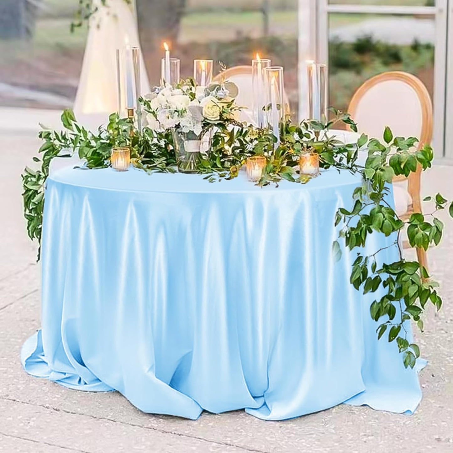 12 Pack 108 Inch Light Blue Satin Tablecloth - Silky Round Tablecloth Overlay Smooth Fabric Table Cover, Bright Table Decoration for Wedding Party Banquet Events Restaurant Kitchen Dining