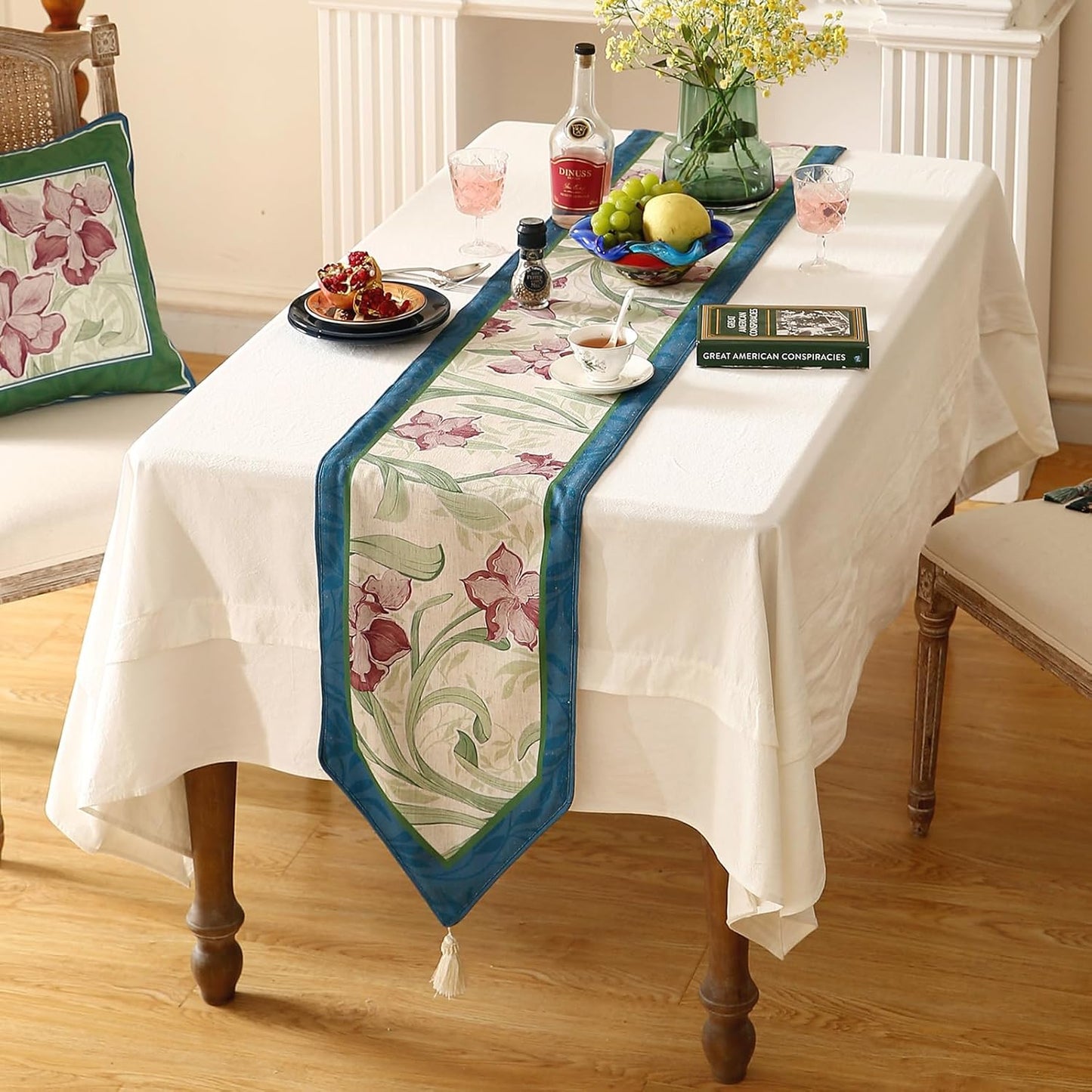 patdrea Designer Elegant Bright Linen Table Runner 87 Inch Long, Mauve Iris Floral Pattern Table Mat, Decoration for Kitchen Dining Table Coffee Table Shelf Cabinet Banquet Christmas ,12"*87"