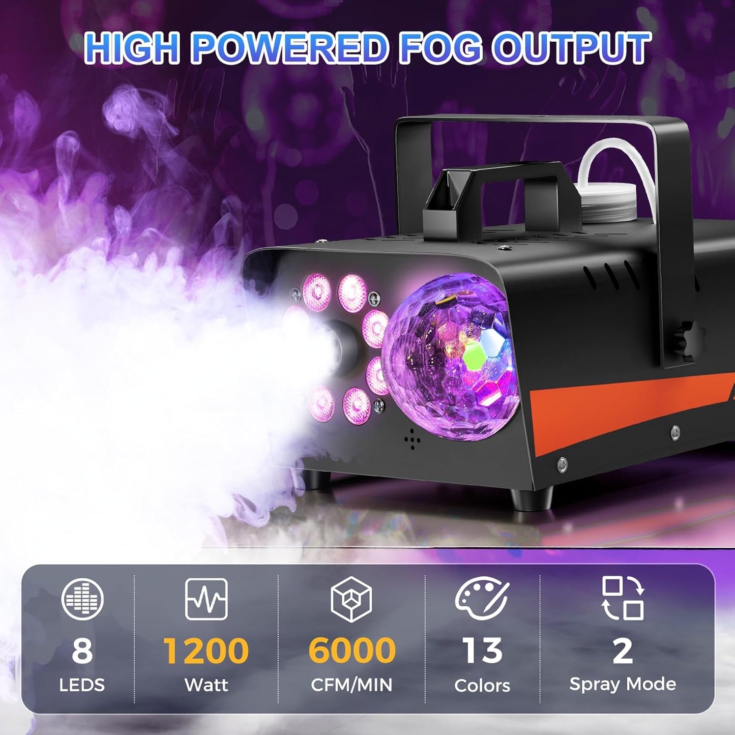 1200W Fog Machine, Halloween Smoke Machine Fog with Disco Ball Lights, 6000CFM with 13-Color LED Effects, Wired And Wireless Remote Controls, Ideal for Indoor, Outdoor, Wedding, Parties, and DJ Stage