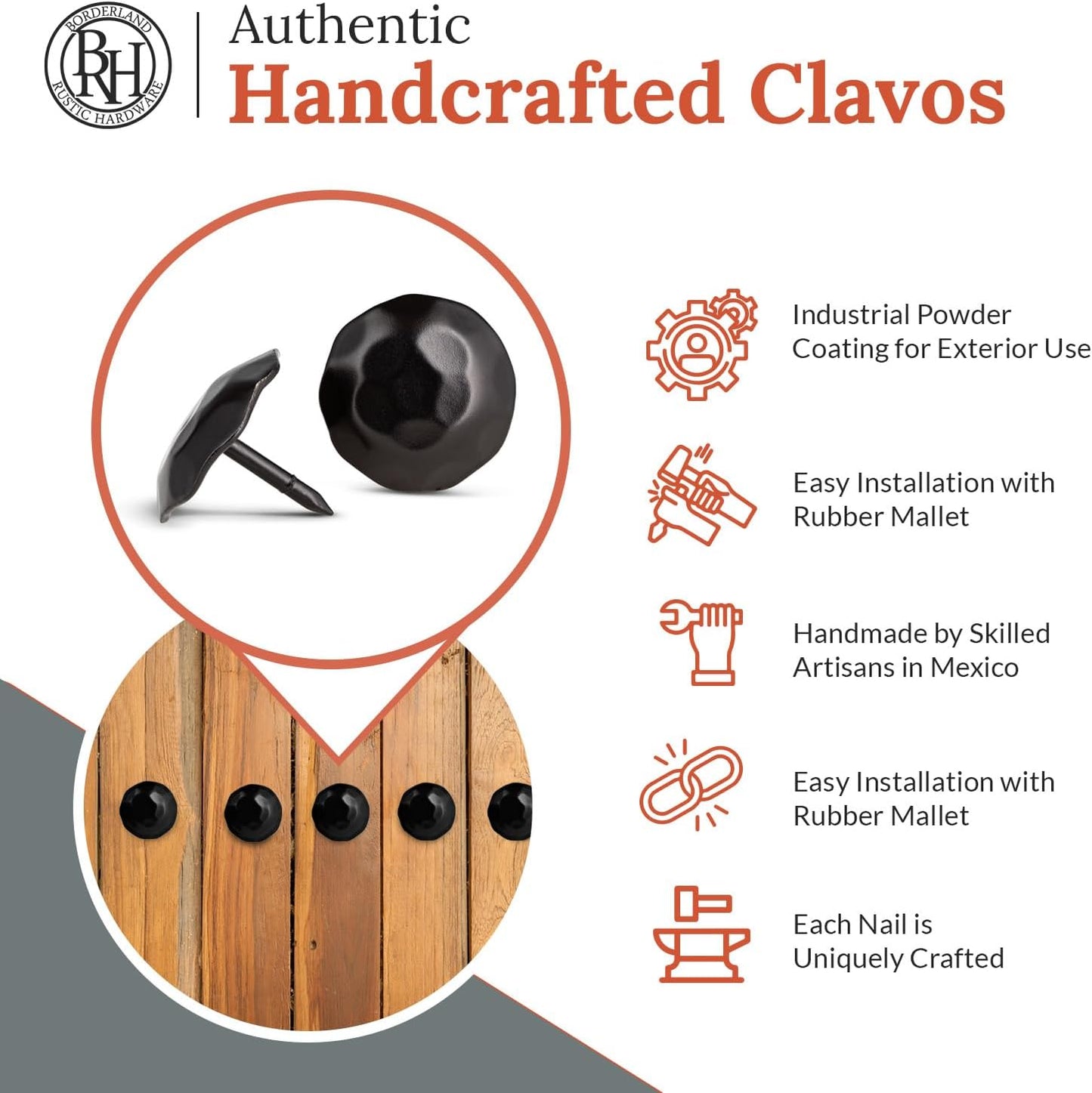 10 Pack 1.25" Round Head Iron Clavos Decorative Nails – Black – Handmade Rustic Round Fasteners for Farmhouse Shutters, Faux Wood Beams, Barn Doors, Shutters, Gates – Ornamental Wood Accent