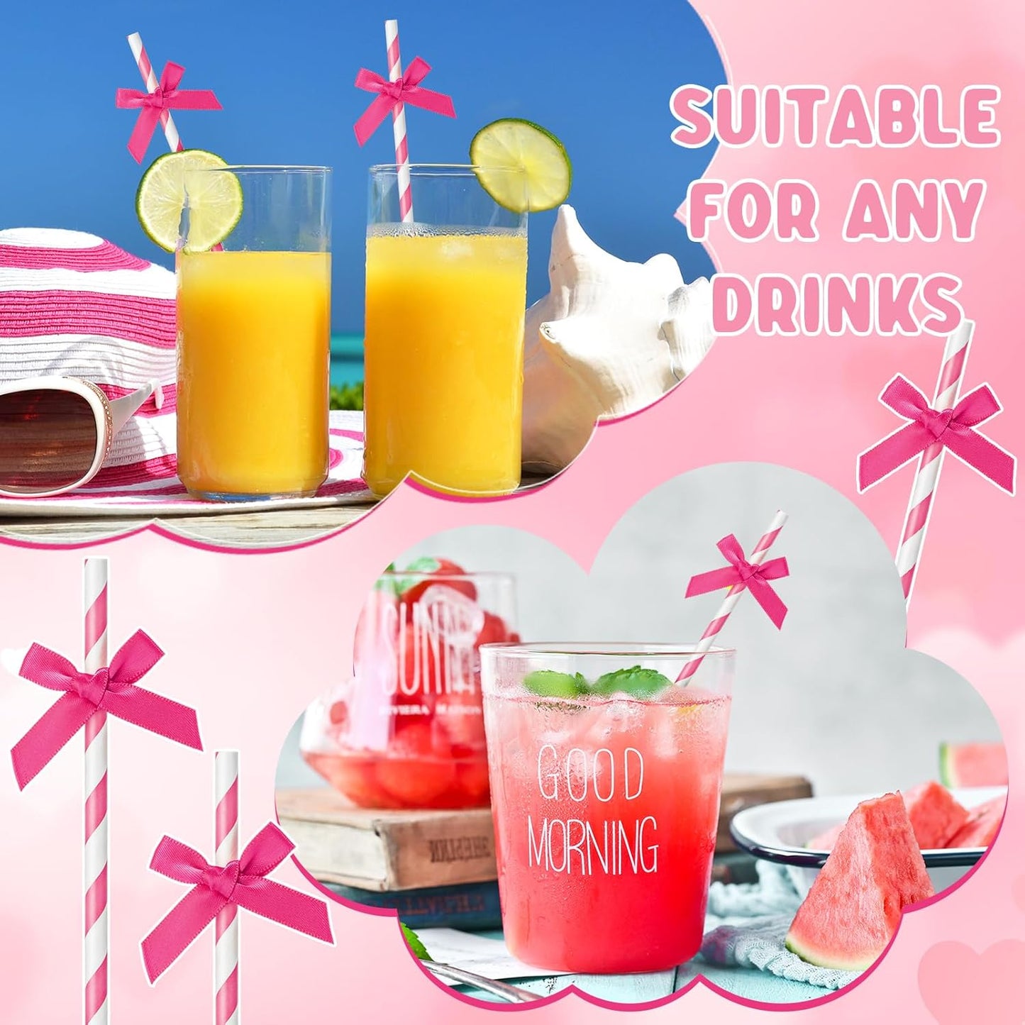 100 Pcs Rose Red Paper Straws for Drinking, Bow Disposable Striped Paper Straws Bulk Rose Red Theme Birthday Party Supplies for Wedding Cake Decorations Bachelorette Baby Shower