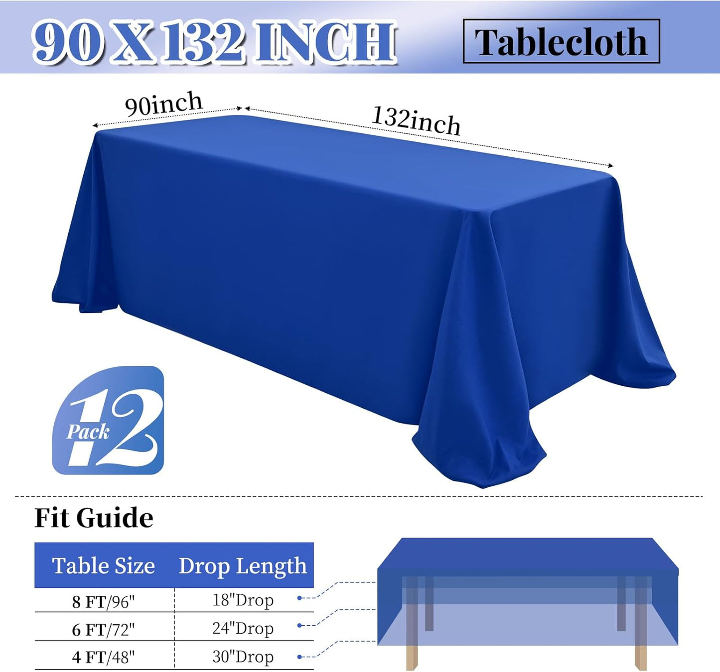 12 Packs 90 x 132 Inch Tablecloth, Royal Blue Polyester Table Cloth for 6ft Rectangle Tables,Washable Fabric TableCover for Wedding Banquets Parties Buffet Dining Table