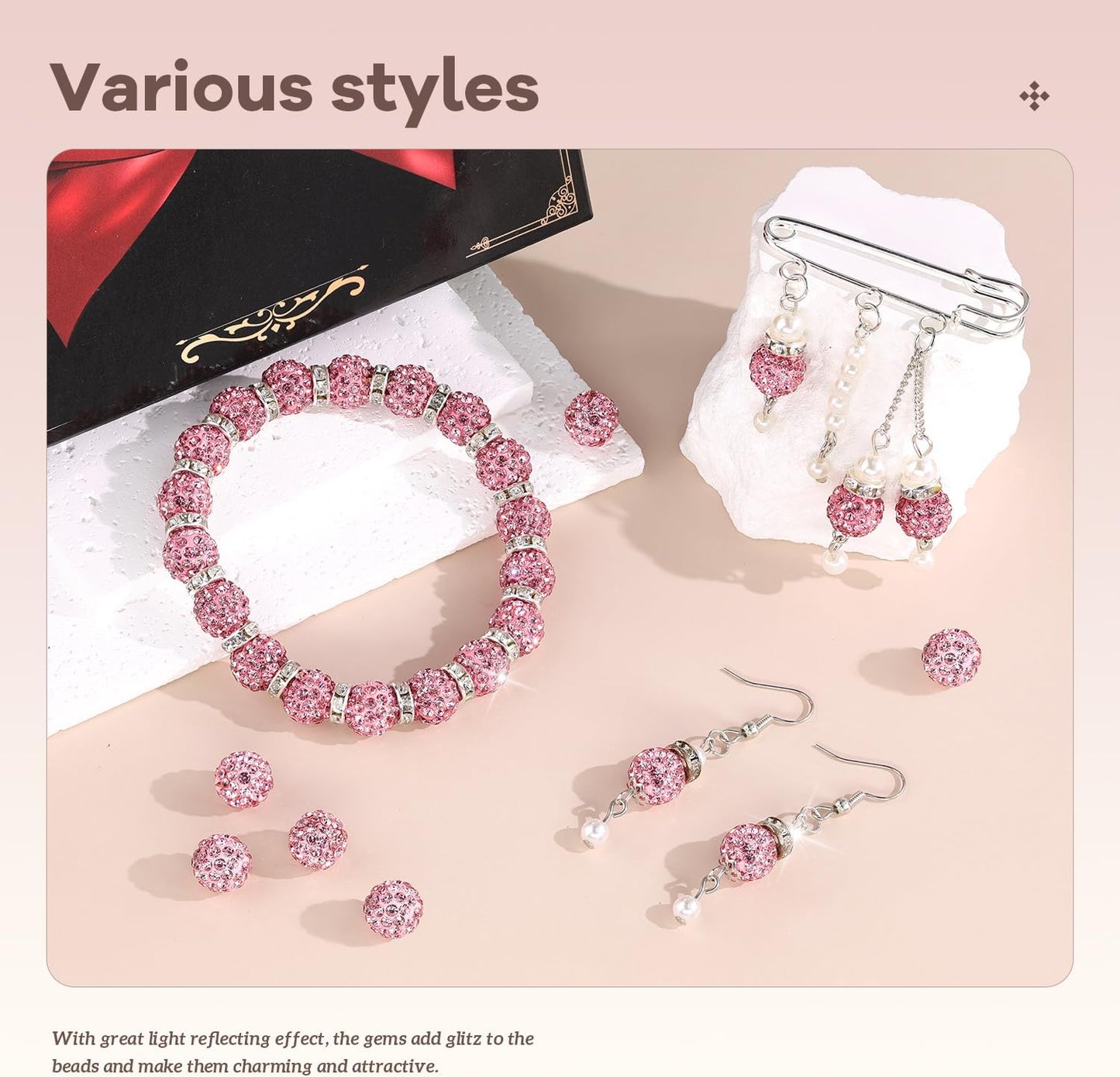 160pcs 10mm Rhinestone Beads for Jewelry Making, Pink Shiny Round Disco Ball Beads Bulk, Sparkle Crystal Clay Christmas for Bracelet Baseball Necklace Earring Crafting and DIY