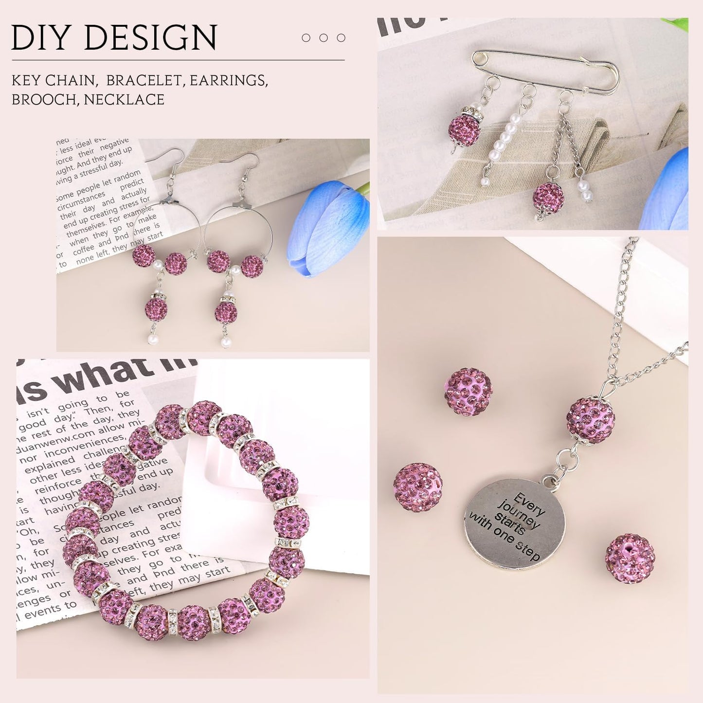 100pcs 10mm Rhinestone Beads for Jewelry Making, Light Purple Shiny Round Shamballa Disco Beads Bulk, Sparkle Crystal Clay Christmas for Bracelet Baseball Necklace Earring Crafting and DIY