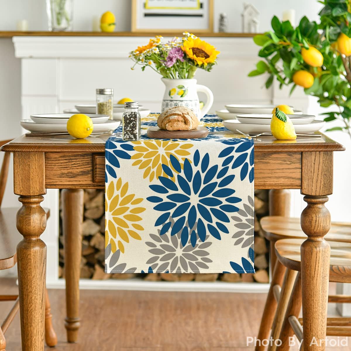 Artoid Mode Blue Dahlia Floral Pinnata Summer Table Runner, Spring Kitchen Dining Table Decoration for Home Party Decor 13x60 Inch