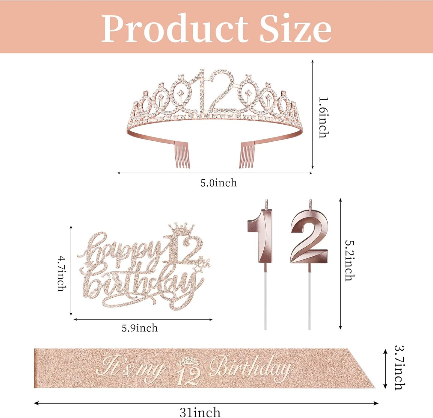 12th Birthday Decorations for Girls Including Sash, Crown/Tiara, Candles and Cake Topper, Rose Gold 12 Year Old Birthday Party Decorations for A Girl