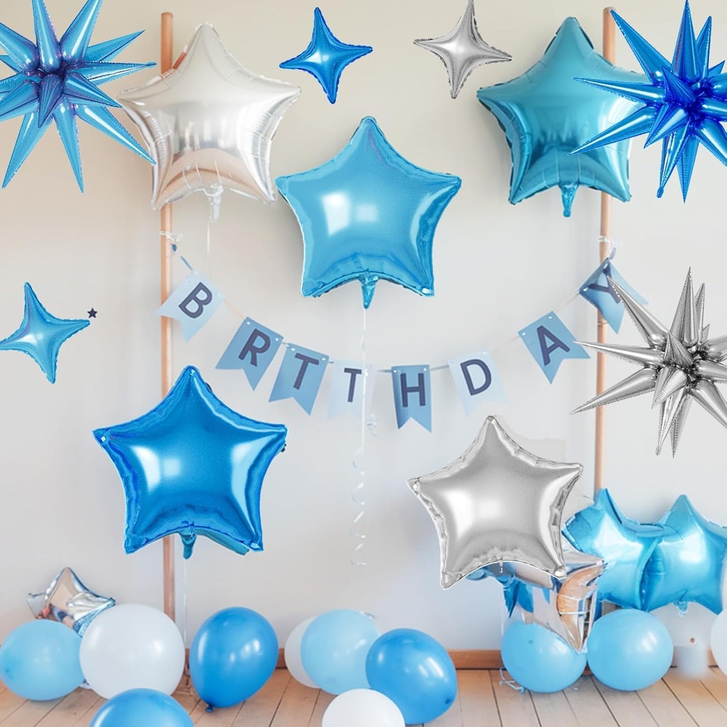 16 Pcs Blue Silver Star Balloons, 22/18/10 Inch Foil Balloons, Four-Pointed Balloon for Kids Boy Men Birthday Graduation Wedding Baby Shower Party Decorations