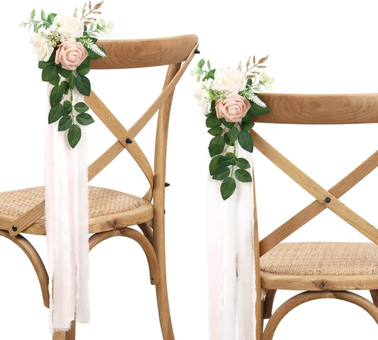 Wedding Aisle Decorations - Set of 10 Pew Flowers - Artificial Roses & Eucalyptus - Pink & Cream - 5.5" x 13" - Elegant Traditional Modern Style - Chair Flowers