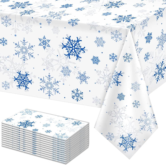 12 Pieces Snowflake Christmas Party Tablecloth Decorations,Plastic White Snowflake White Blue Xmas Backdrop Sign Table Cover Banner for Winter Christmas Holiday Party Supplies,54x108 inch（White/Blue）