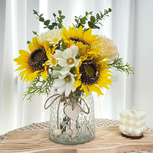 Fake Flowers in Vase,Artificial Sunflower Bouquets in Vase with a Flower Arrangement Holder,Table Centerpieces for Dining Room,Flower Centerpieces for Tables,Faux Flowers for Coffee Table Decor