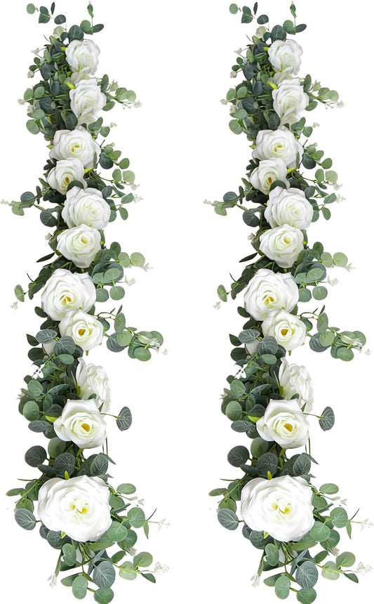 6FT Artificial Eucalyptus Garland with 14 Fake White Rose Flowers - Floral Greenery Decoration Vine for Wedding Centerpieces, Table Runner, Backdrop, Arch Wall Decor,Indoor/Outdoor (2 PCS)