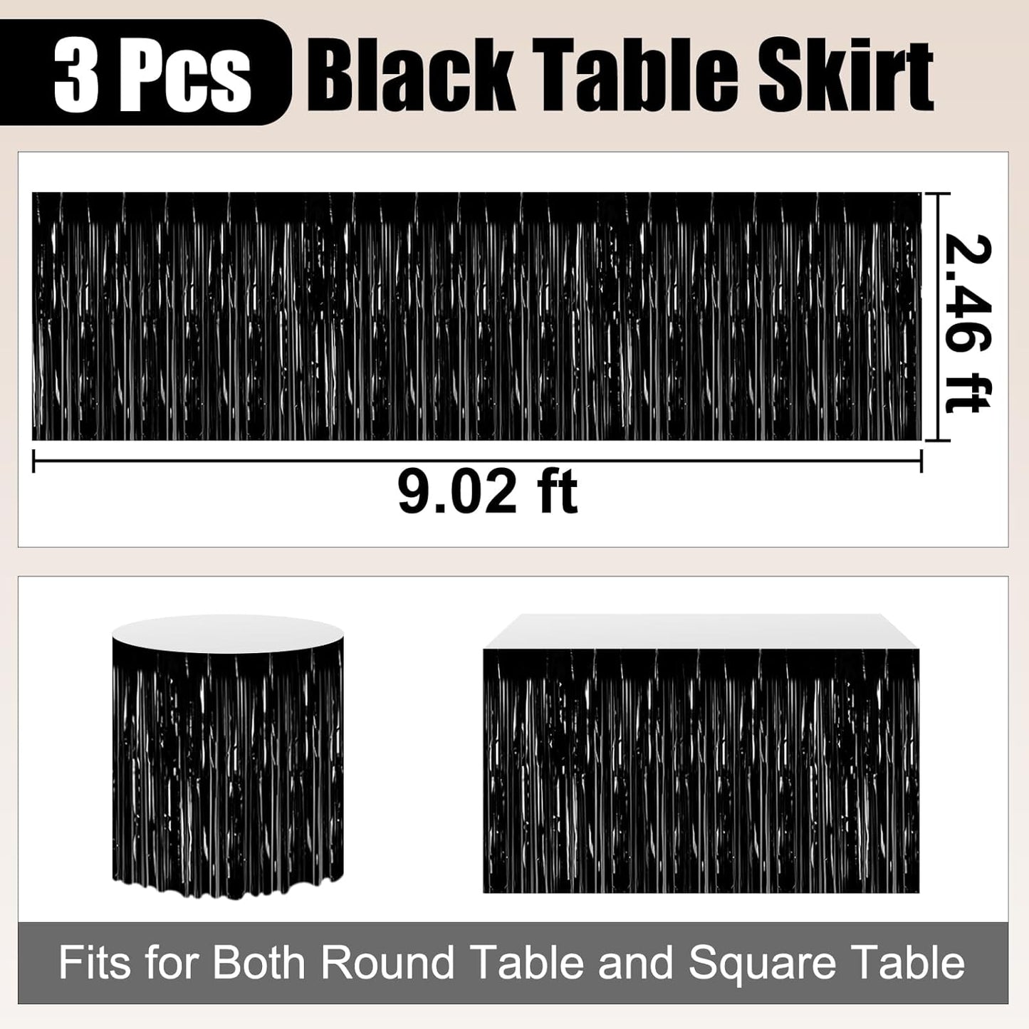 3 Pack 29 x108 Inch Black Foil Fringe Table Skirts Metallic Banner for Tinsel Streamer Garland Backdrop for Parade Floats Wedding Thanksgiving Birthday Christmas Halloween New Year Party Decoration