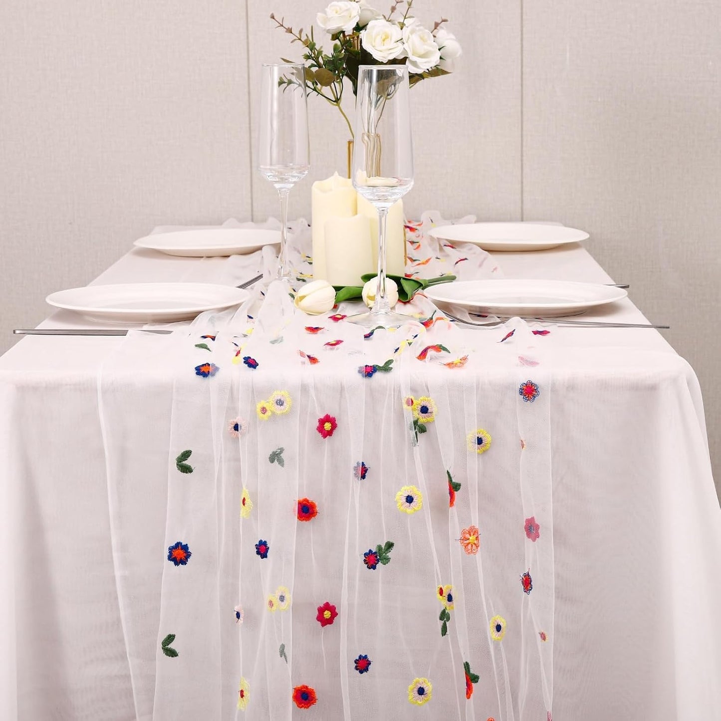 6PCS Lvory Floral Table Runner 10 FT, Embroidery Daisy Table Runners Seasonal Sheer Tulle Table Runner for Thanksgiving Wedding Birthday Baby Shower Party ﻿