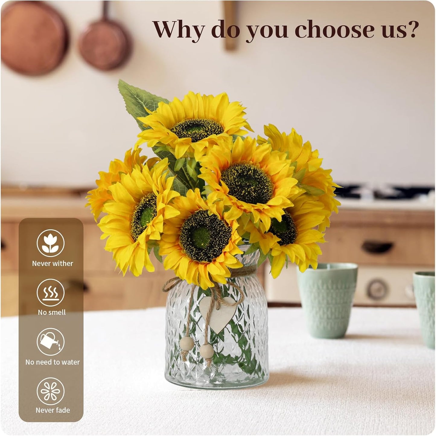 Artificial Sunflowers Flowers with Vase,Fake Flowers Bouquet for Sunflower Decor,Sunflower Kitchen Decor,Silk Flowers for Home Decor Living Room,Flower Centerpieces for Tables,Office Decor,Boho Decor