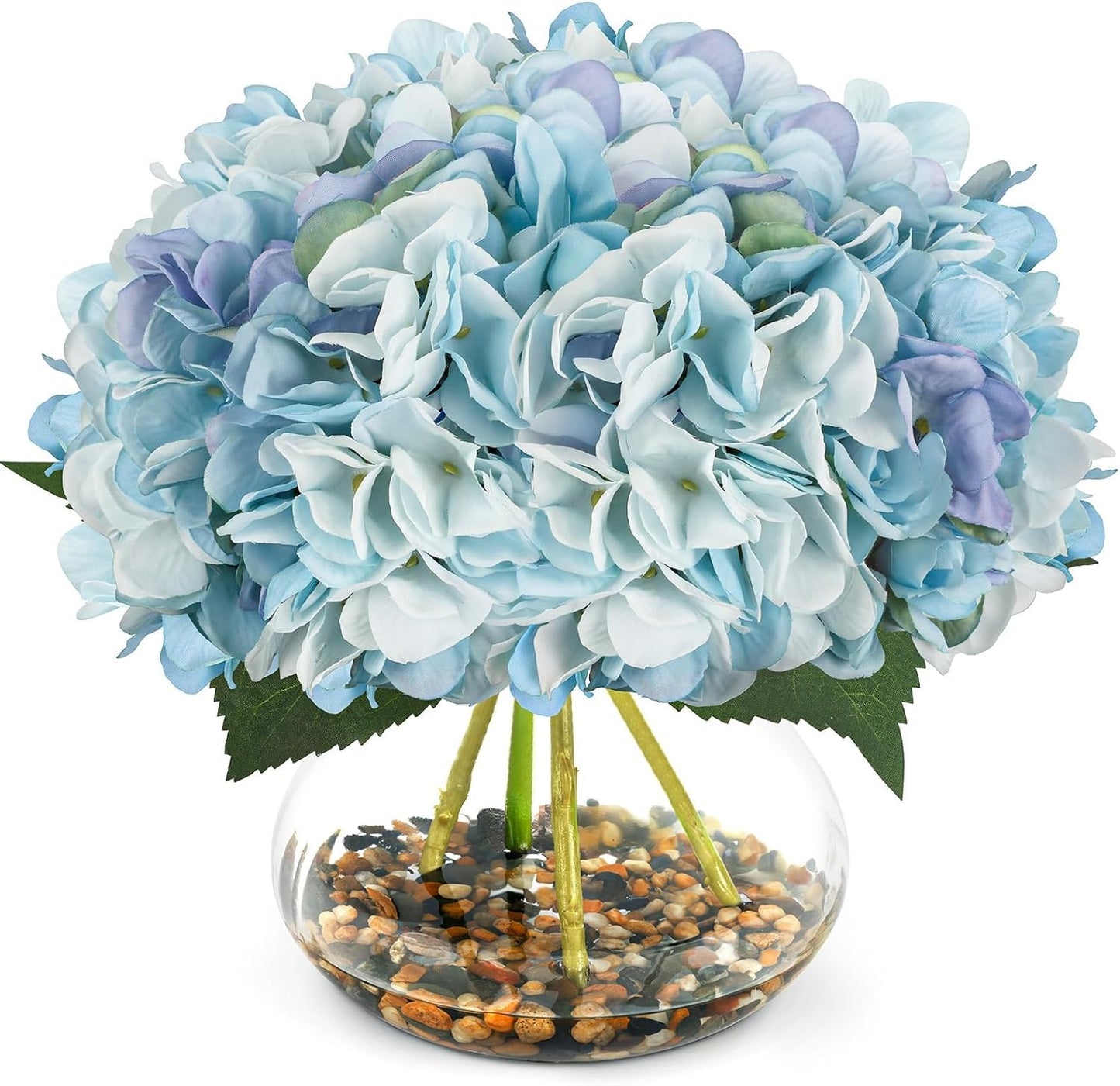 N&T NIETING Artificial Hydrangea Flowers with Vase Blue Silk Fake Flowers Faux Hydrangea Flowers with Faux Water Riverstones for Home Office Table Room Wedding Centerpiece Decorations