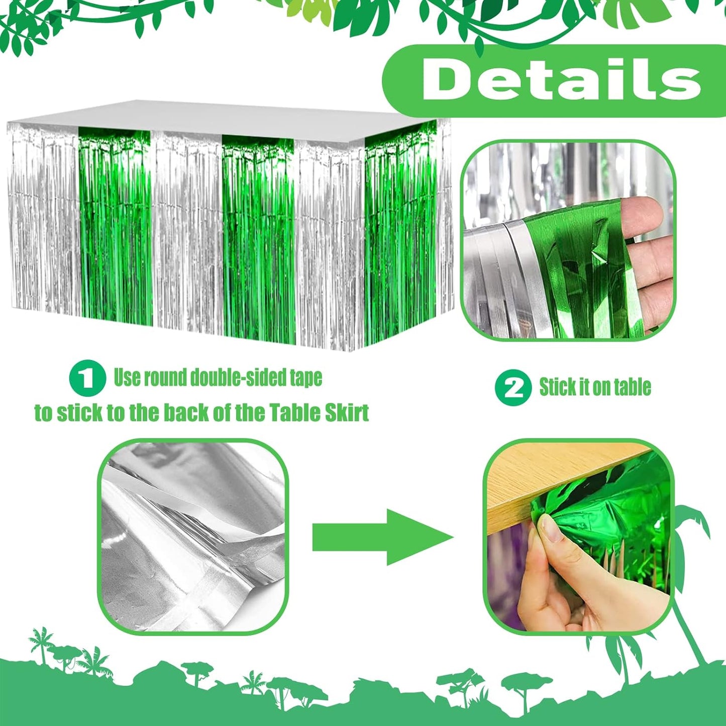 4 Pack 29x108 Inch Metallic Foil Fringe Tinsel Table Skirts for Rectangle Tables Streamer Backdrop for Wedding, Birthday, Parade Floats, Christmas, Halloween Party Decoration(Silver Green)