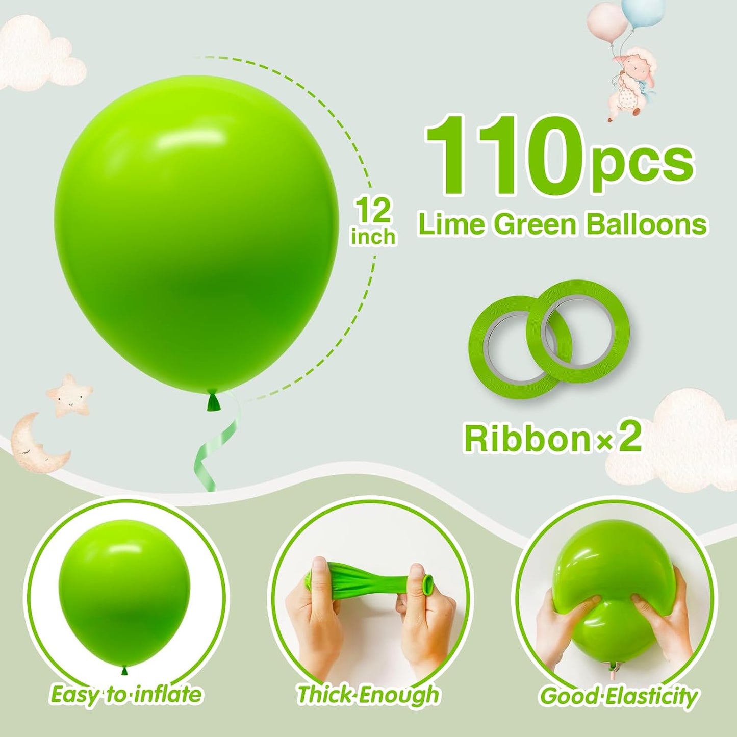 110pcs Lime Green Balloons 12 Inch Light Green Latex Balloon Arch Kit for Birthday Baby Shower Anniversary Graduation Wedding Party Decorations